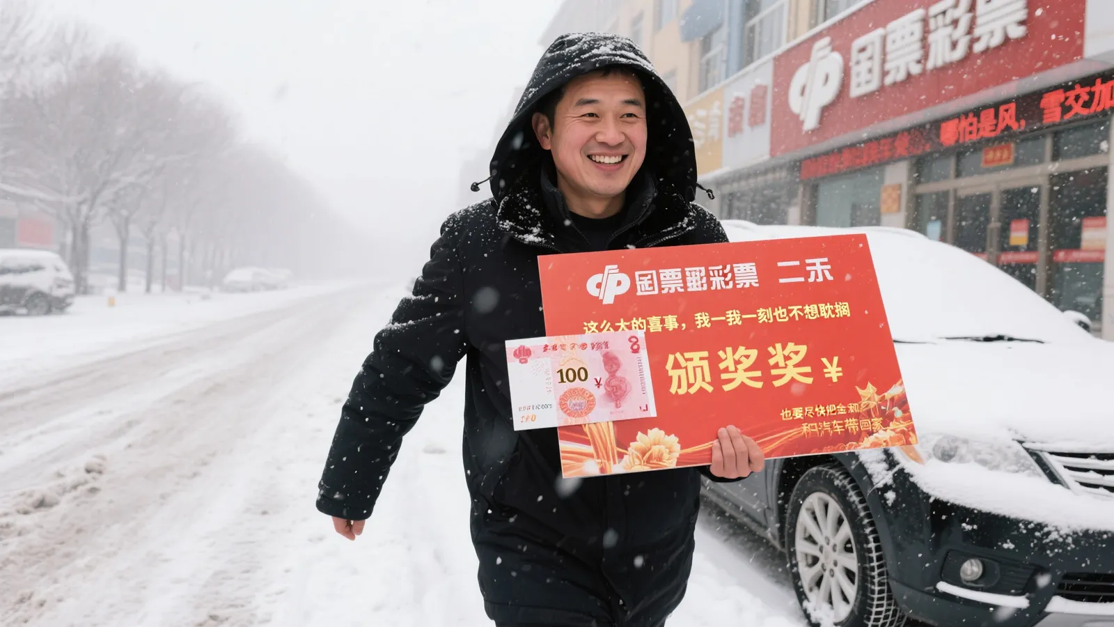 男子喜获福彩80万+汽车大奖，风雪难阻领奖热情